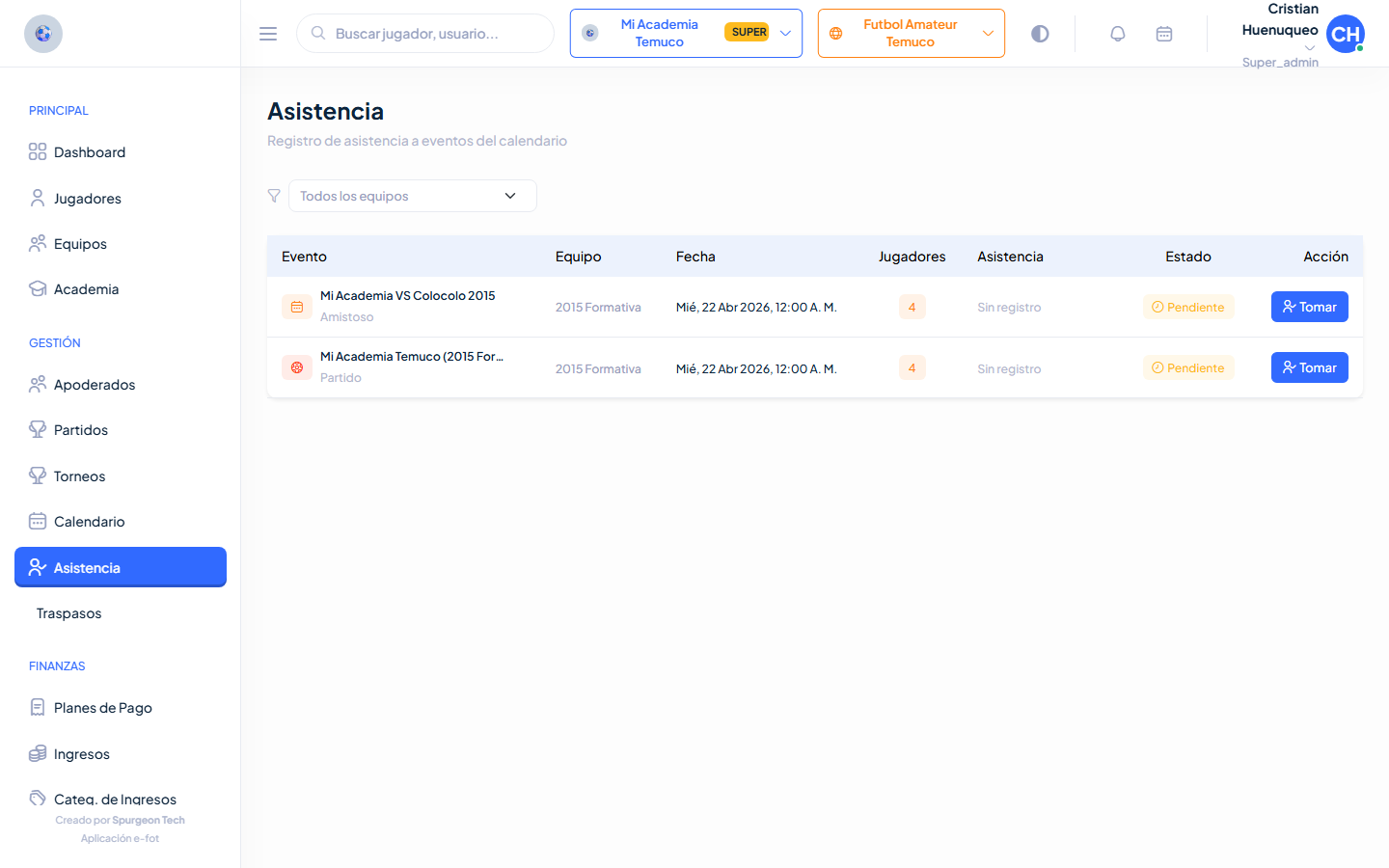 Registro de asistencia a eventos en E-FOT